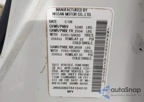 2006 Infiniti Fx35 z USA, uszkodzony, nr VIN JNRAS08U76X104510